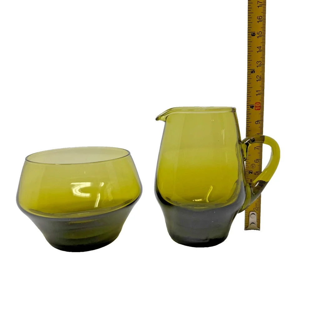MCM Avocado Green Handblown Glass Pitcher & Cup Lot of 2 Mid Century Modern